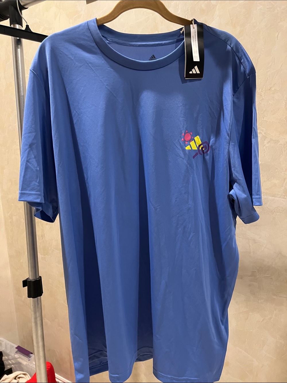 New adidas Light Blue Short Sleeve Tee with Small Multicolor Logo